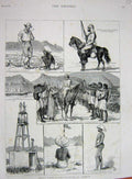 Original Old Antique Print 1885 Suakim General Graham Railway Horse Siers War
