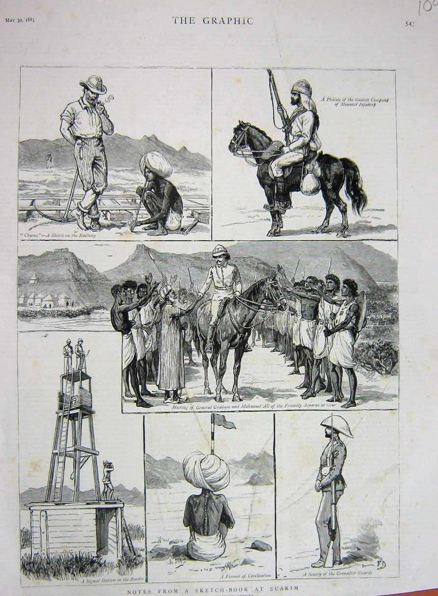 Original Old Antique Print 1885 Suakim General Graham Railway Horse Siers War