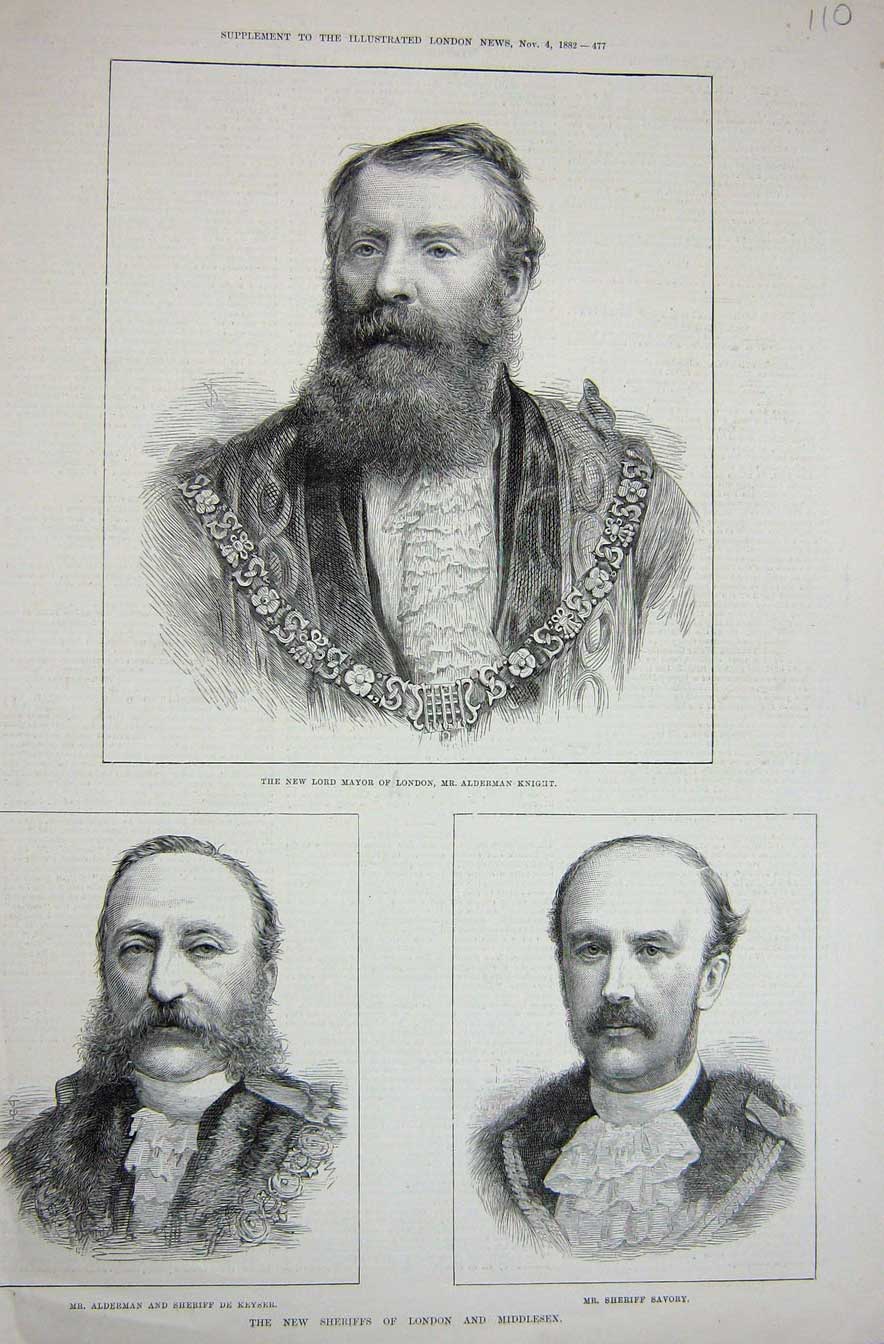 Old Antique Print 1882 Alderman Knight Mayor London Savory Sheriff Keyser 19th