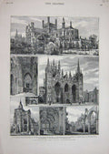 Original Old Antique Print 1882 Peterborough Cathedral Croyland Abbey Church