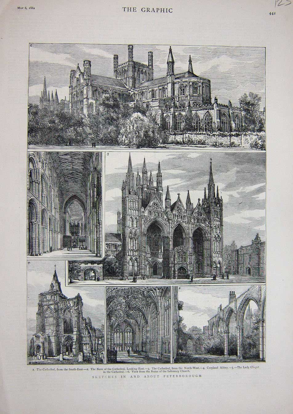 Original Old Antique Print 1882 Peterborough Cathedral Croyland Abbey Church