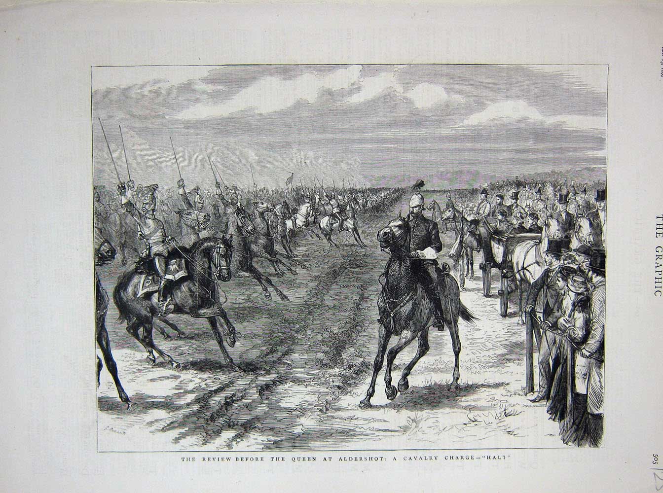 Original Old Antique Print 1880 Queen Aldershot Cavalry Charge Horses Siers
