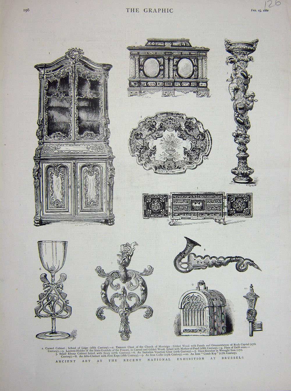 Old Antique Print 1882 Ancient Art National Exhibition Brussels Cabinet 19th