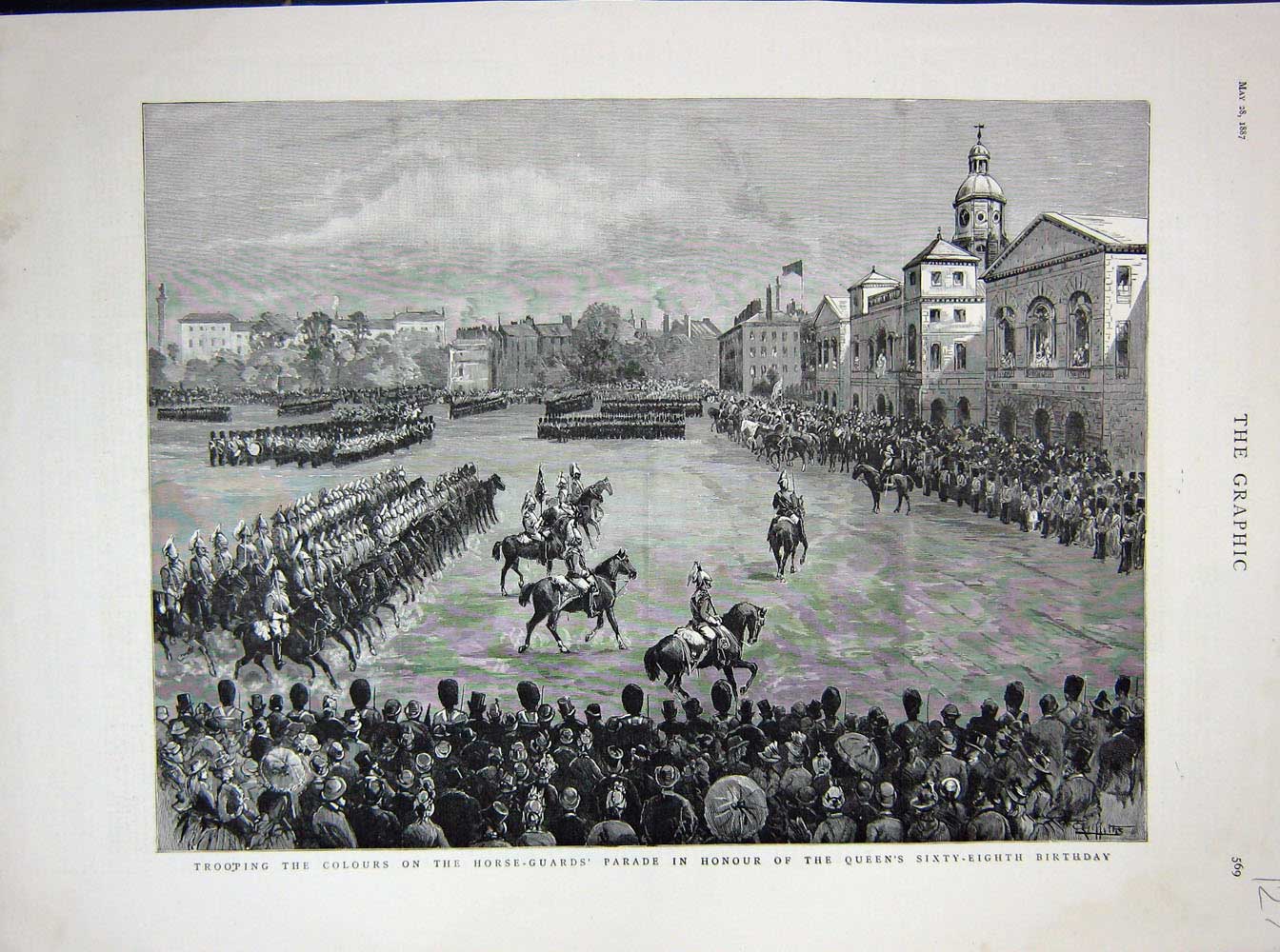 Original Old Antique Print 1887 Trooping Colours Horse-Guards Parade London Art