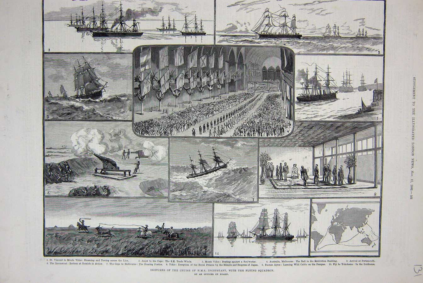 Old Antique Print Cruise H.M.S Inconstant Ships 1882 Australia Buenos Art 19th