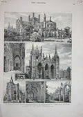 Old Antique Print Peterborough Cathedral Croyland Abbey Chapel Church1882 19th