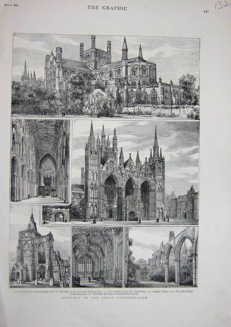 Old Antique Print Peterborough Cathedral Croyland Abbey Chapel Church1882 19th