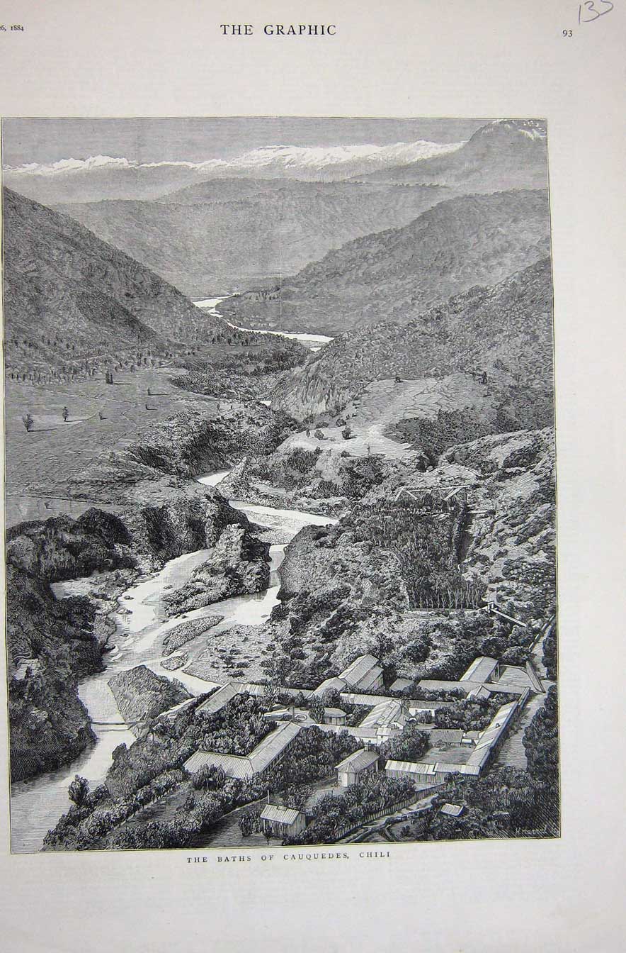 Old Antique Print 1884 View Baths Cauquedes Chili Mountains Houses River 19th