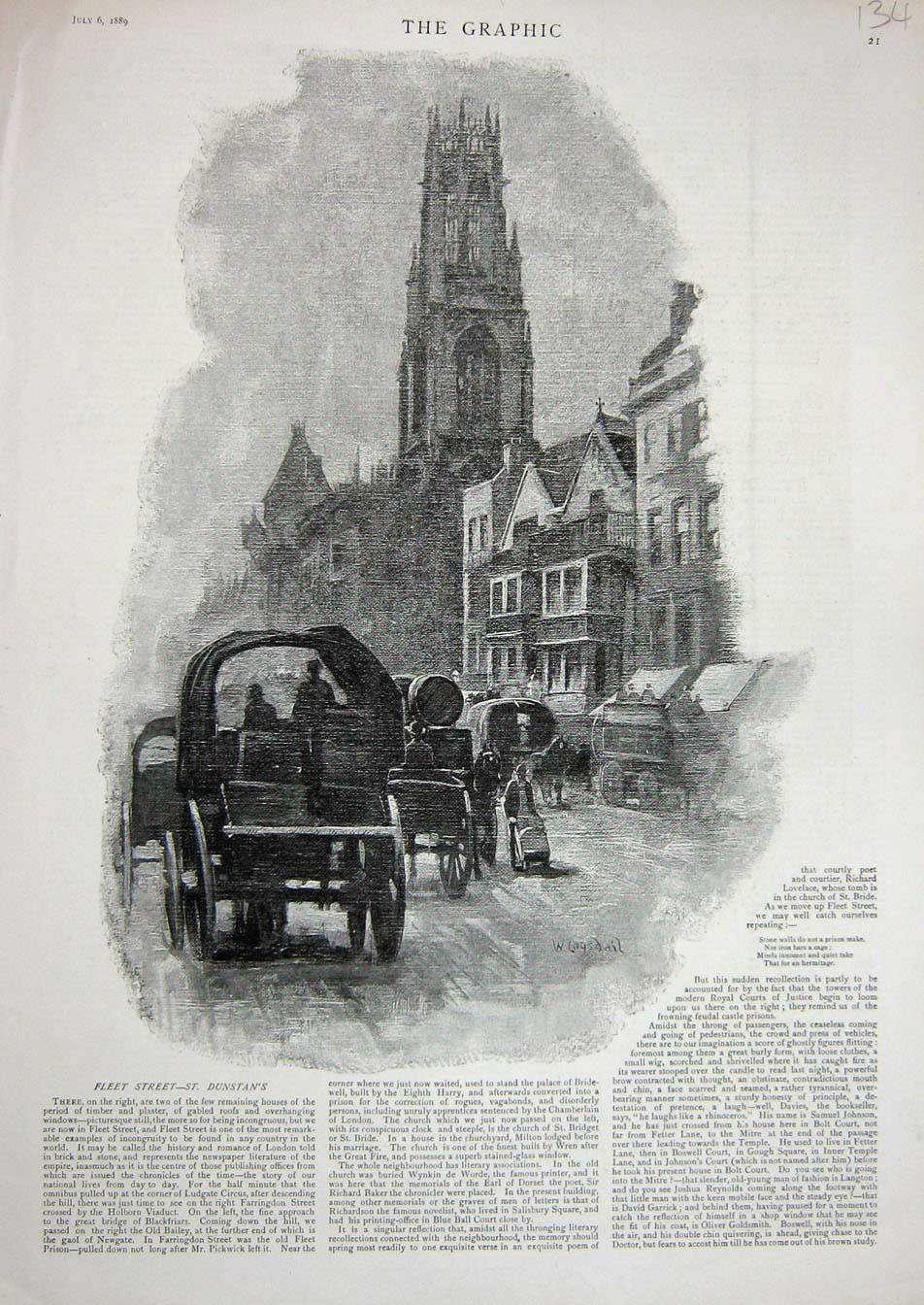 Old Antique Print 1889 View Fleet Street St Dunstan'S Horses Carriage Art 19th