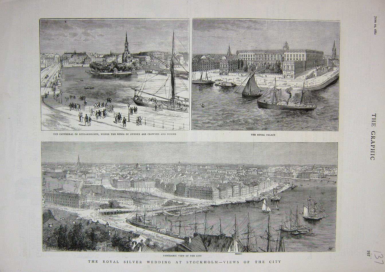 Original Old Antique Print 1882 Stockholm Sweden Cathedral Riddarholem Palace