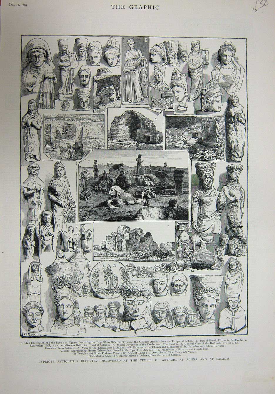 Old Antique Print 1884 Cypriote Antiquities Temple Artemis Achna Salamis 19th