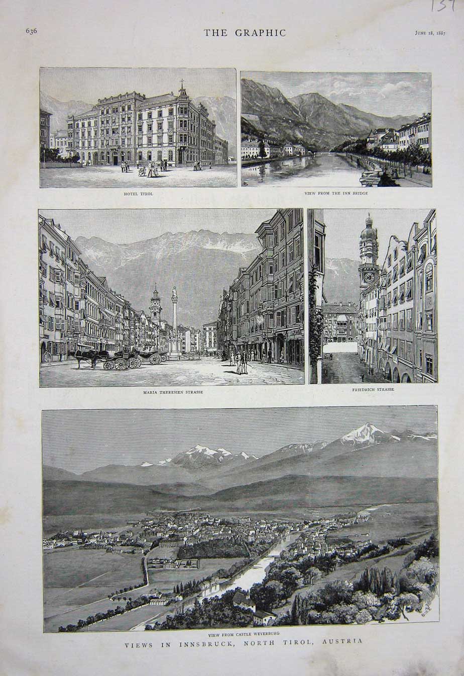 Old Antique Print 1887 Innsbruck Tirol Austria Hotel Theresien Friedrich 19th