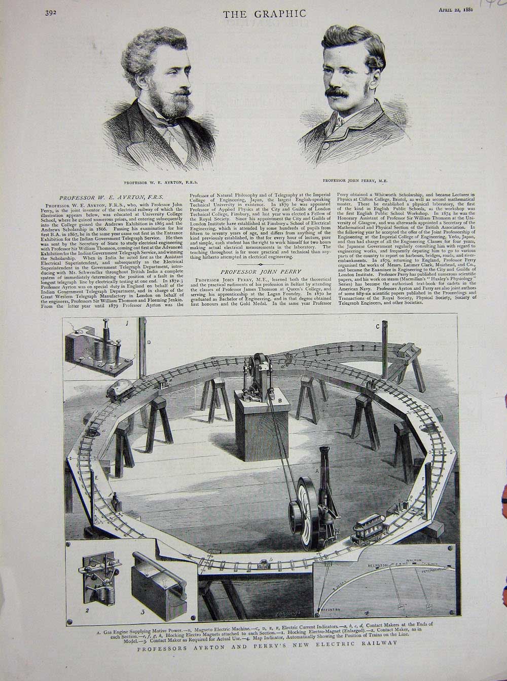 Original Old Antique Print Professor Ayrton Perry Electric Railway Inventors