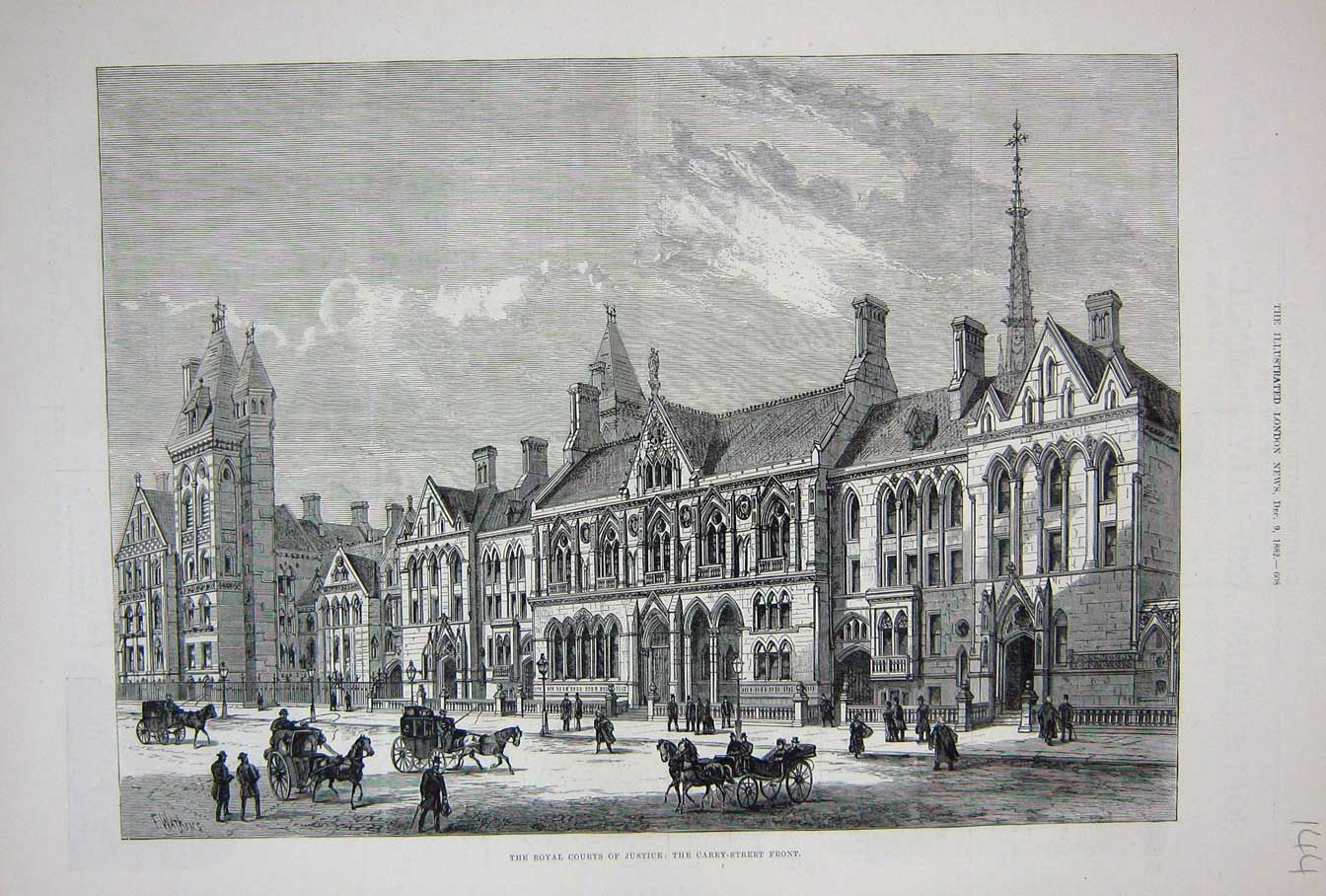 Original Old Antique Print 1882 Royal Courts Justice Carey Street Architecture