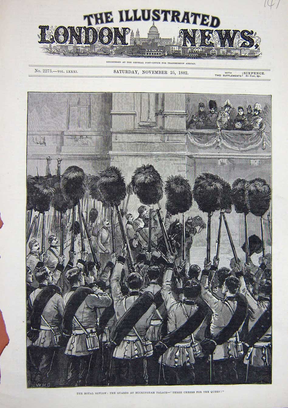 Original Old Antique Print Royal Review Guards Buckingham Palace Royalty 1882