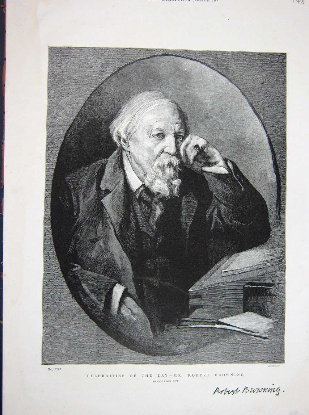 Original Old Antique Print 1887 Portrait Mr Robert Browning Fine Art Victorian