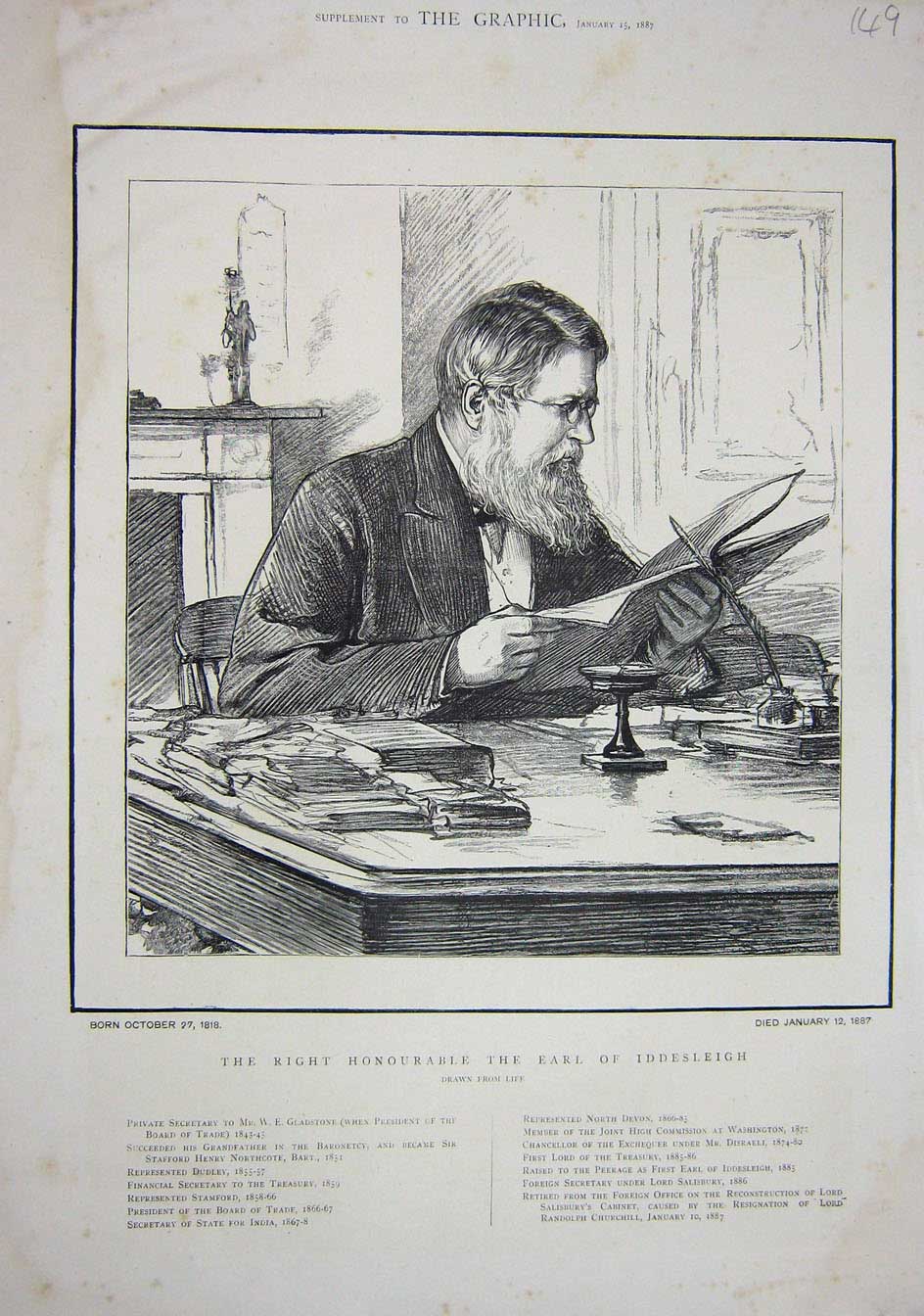 Old Antique Print 1887 Portrait Right Honourable Earl Iddesleigh Office 19th
