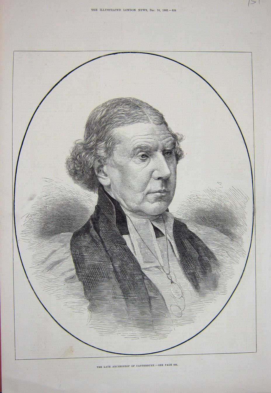 Original Old Antique Print 1882 Portrait Archbishop Canterbury Church Victorian