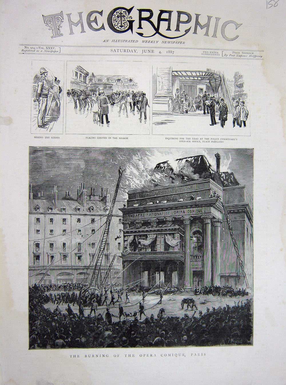 Old Antique Print 1887 Burning Opera Comique Paris France Fire Boieldieu 19th