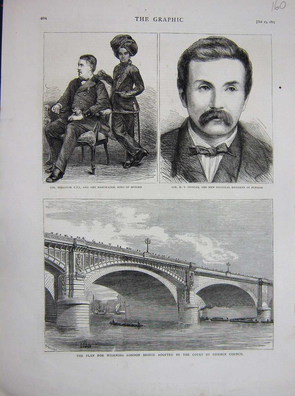 Old Antique Print 1875 Duncan Burmah Mallison Mysore London Bridge Thames 19th