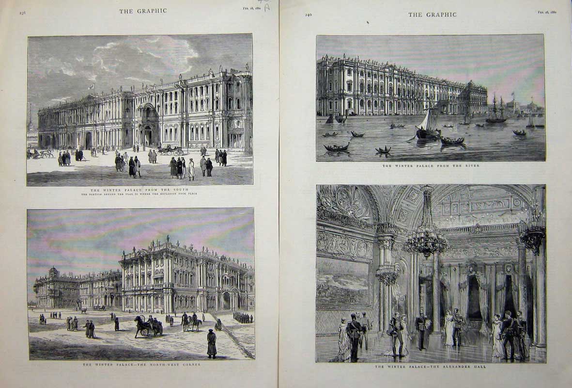 Old Antique Print 1880 Winter Palace River Alexander Hall Architecture 19th