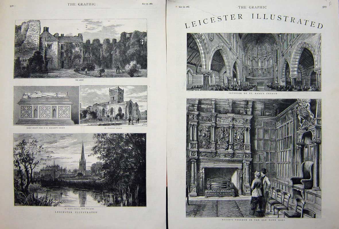 Old Antique Print 1882 Leicester St Mark'S Church Town Hall Abbey Tomb 19th