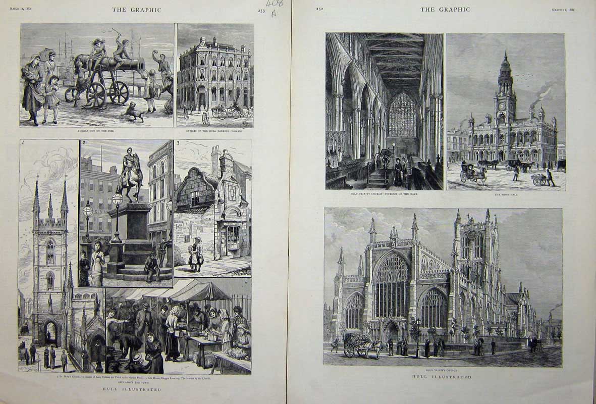 Old Antique Print 1882 Hull St Mary'S Church Statue King William Trinity 19th
