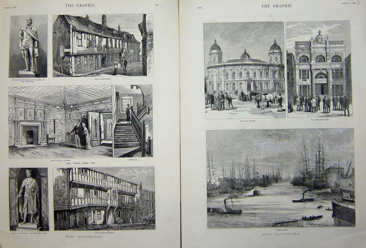 Old Antique Print 1882 Hull Albert Dock Corn Exchange Statue Edward Inn 19th