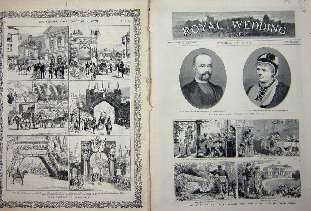 Original Old Antique Print 1882 Royal Wedding Prince LeopPalace Arolsen Church