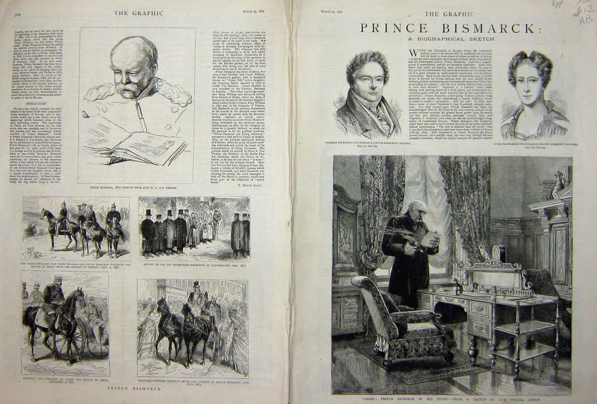 Old Antique Print 1882 Prince Bismarck Varzin Luise Wilhelmine Ferdinand 19th