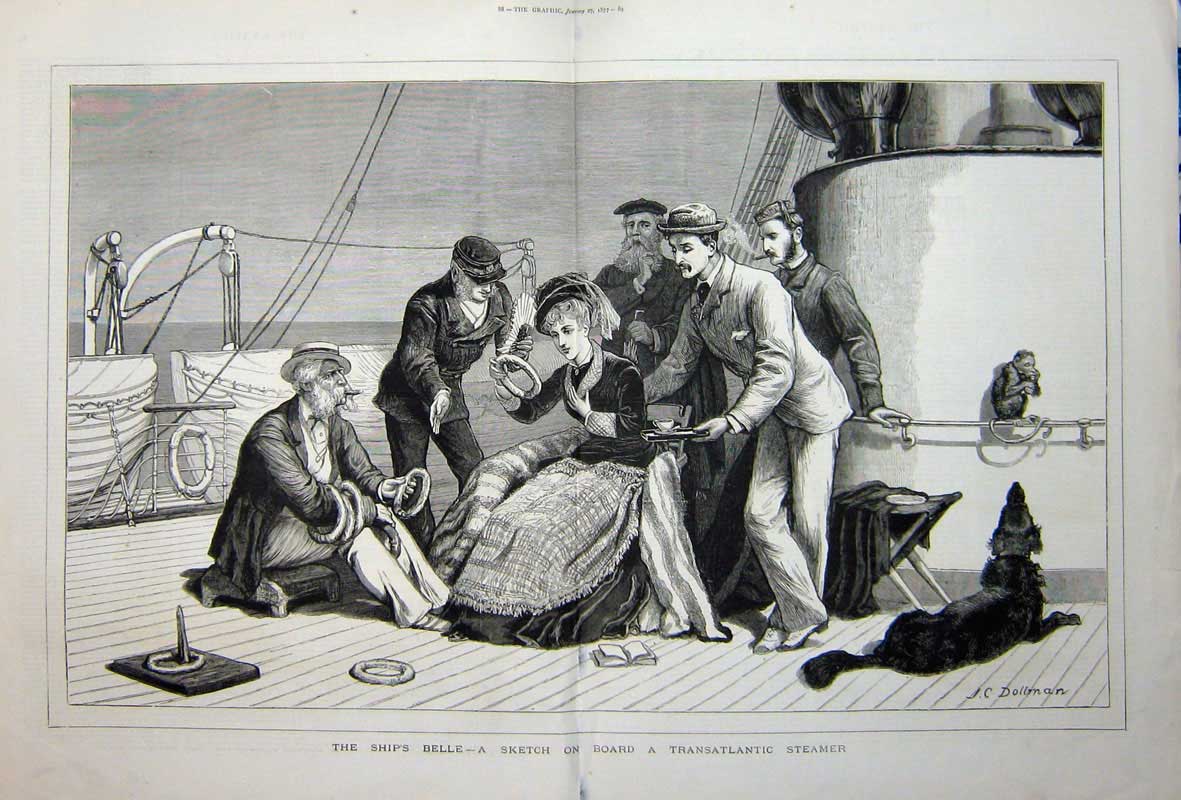 Old Antique Print 1877 Scene Board Ship Transatlantic Steamer Dog Lady 19th