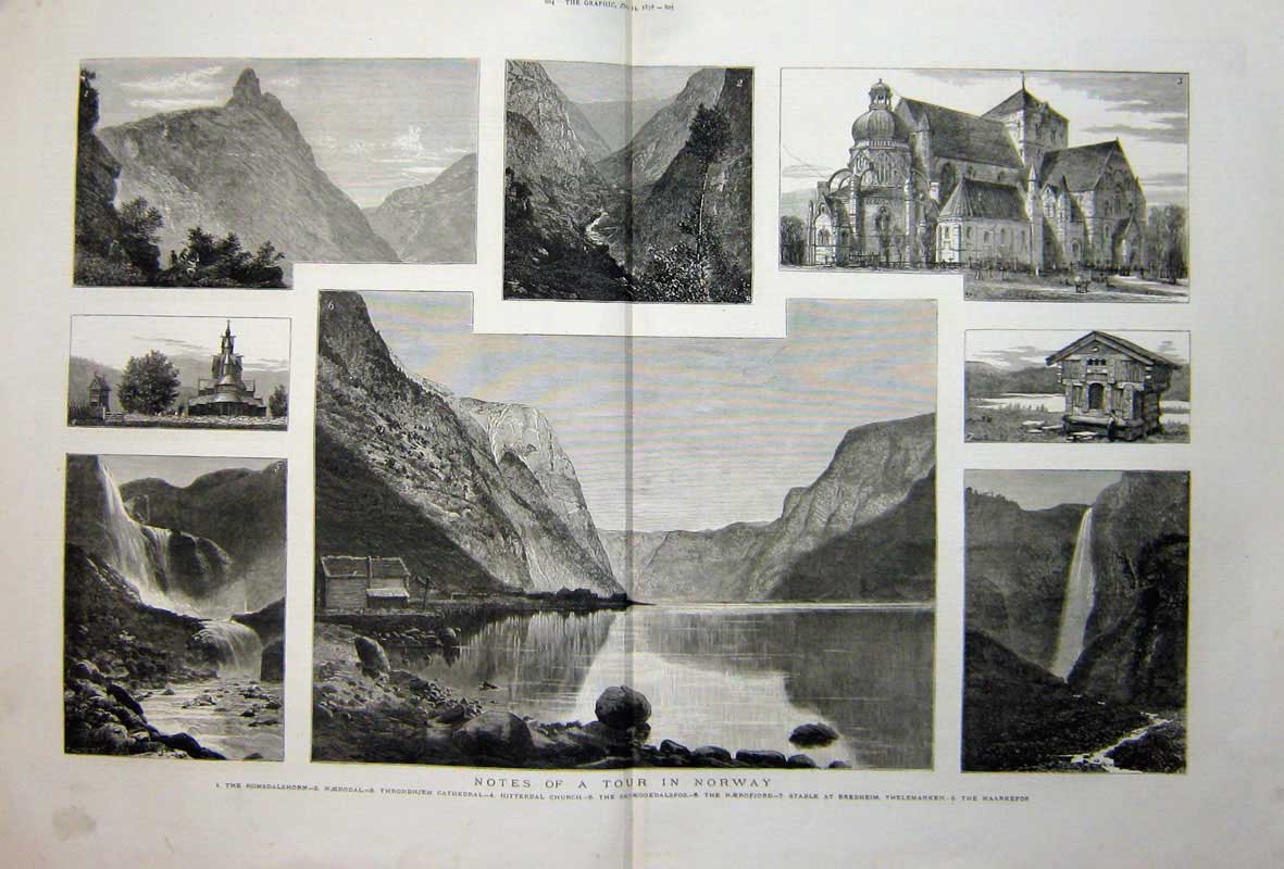 Original Old Antique Print 1878 Norway Romsdalshorn Cathedral Church Maarkefos