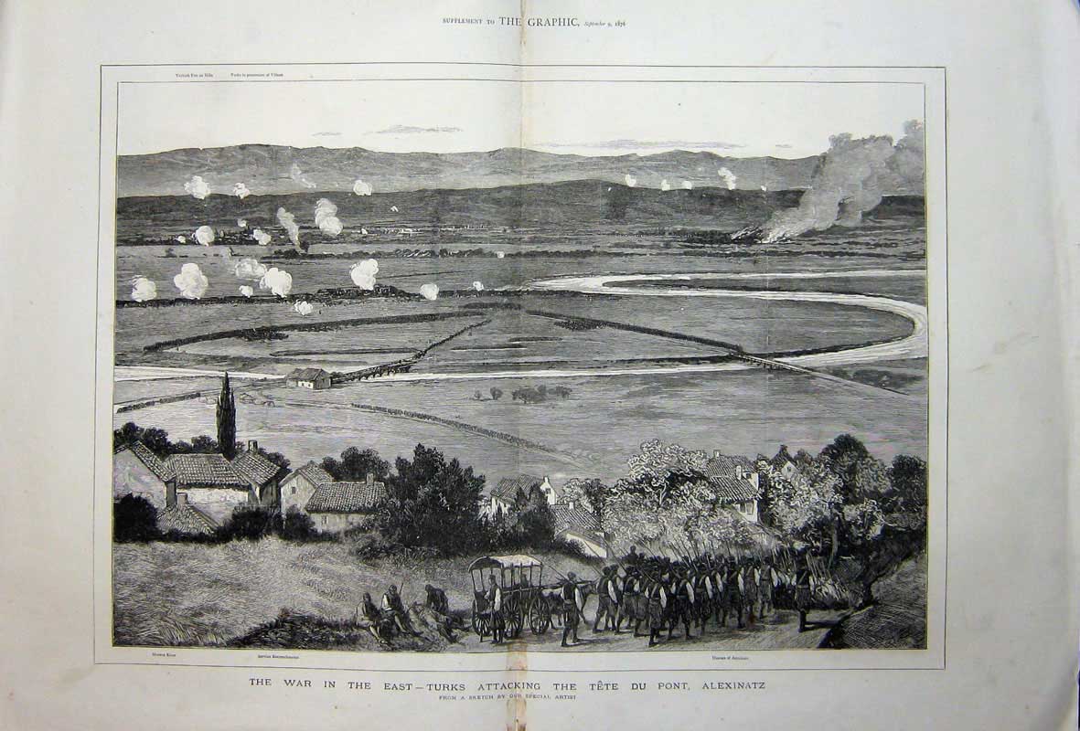 Old Antique Print 1876 War Turks Tete Du Pont Alexinatz Servian Morava 19th