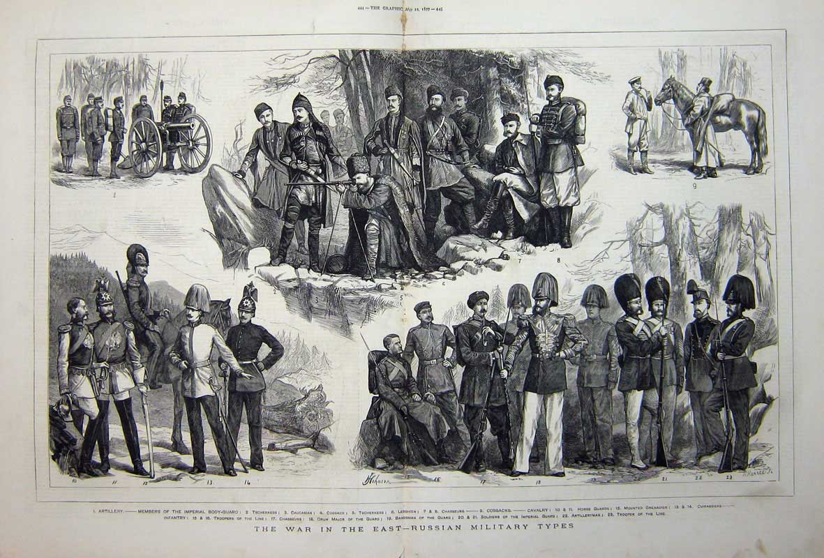 Old Antique Print 1877 War Russian Siers Cossacks Horse Guards Cavalry 19th