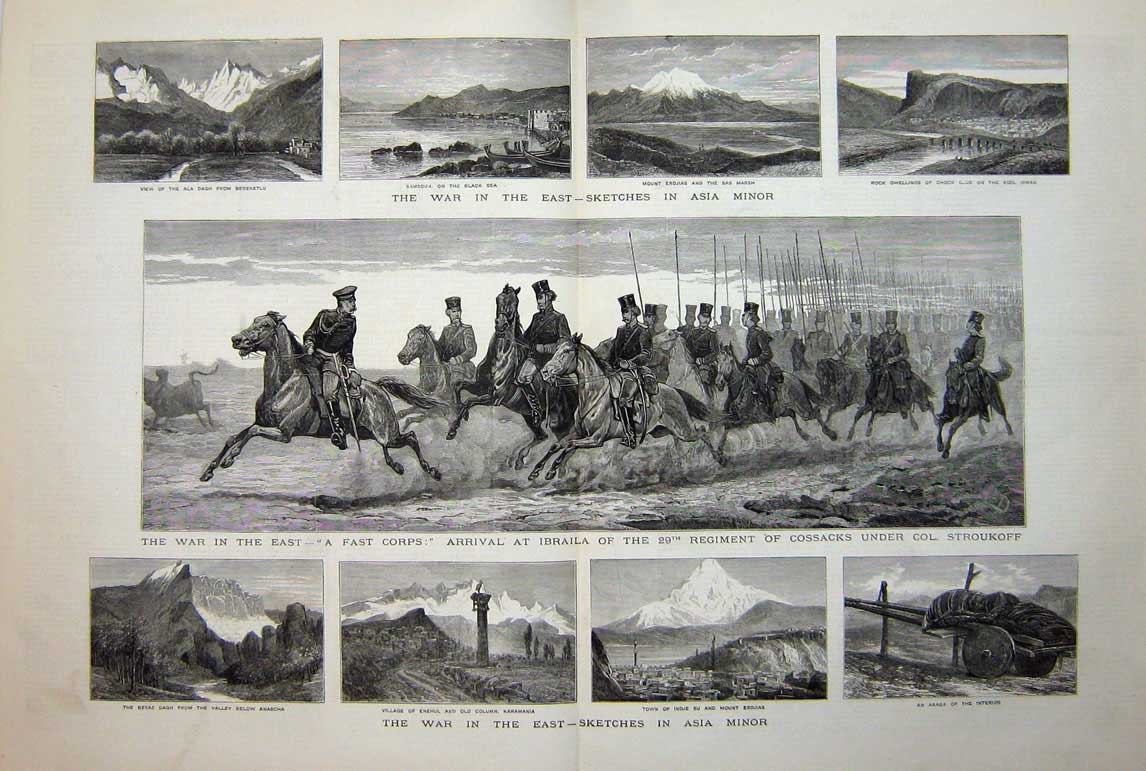Old Antique Print 1877 War Asia Minor Ibraila Cossacks Karamaia Erdjias 19th