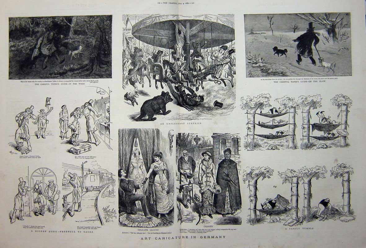 Old Antique Print 1882 Art Caricature Germany Fairground Bear Hammocks 19th