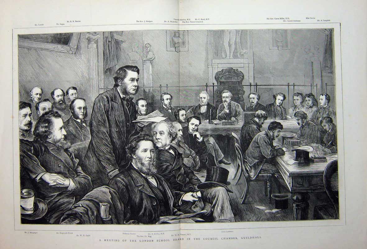 Old Antique Print 1871 London School Board Meeting Council Guildhall Men 19th