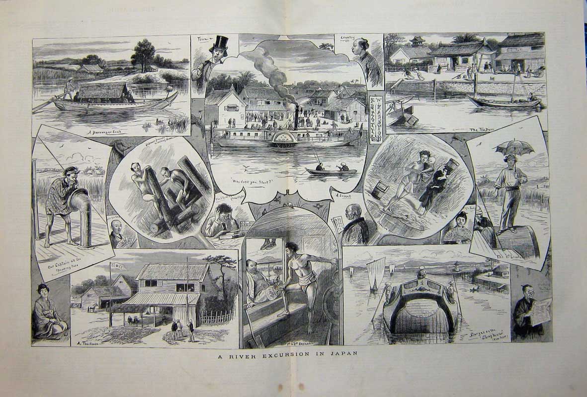 Original Old Antique Print 1882 River Excursion Japan Boats Shing Engineers