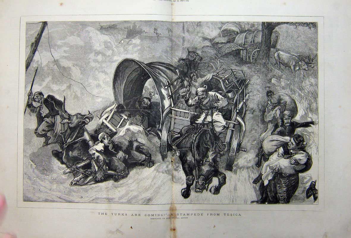 Original Old Antique Print 1876 Stampede Tesica Horses Waggons Turks War Art