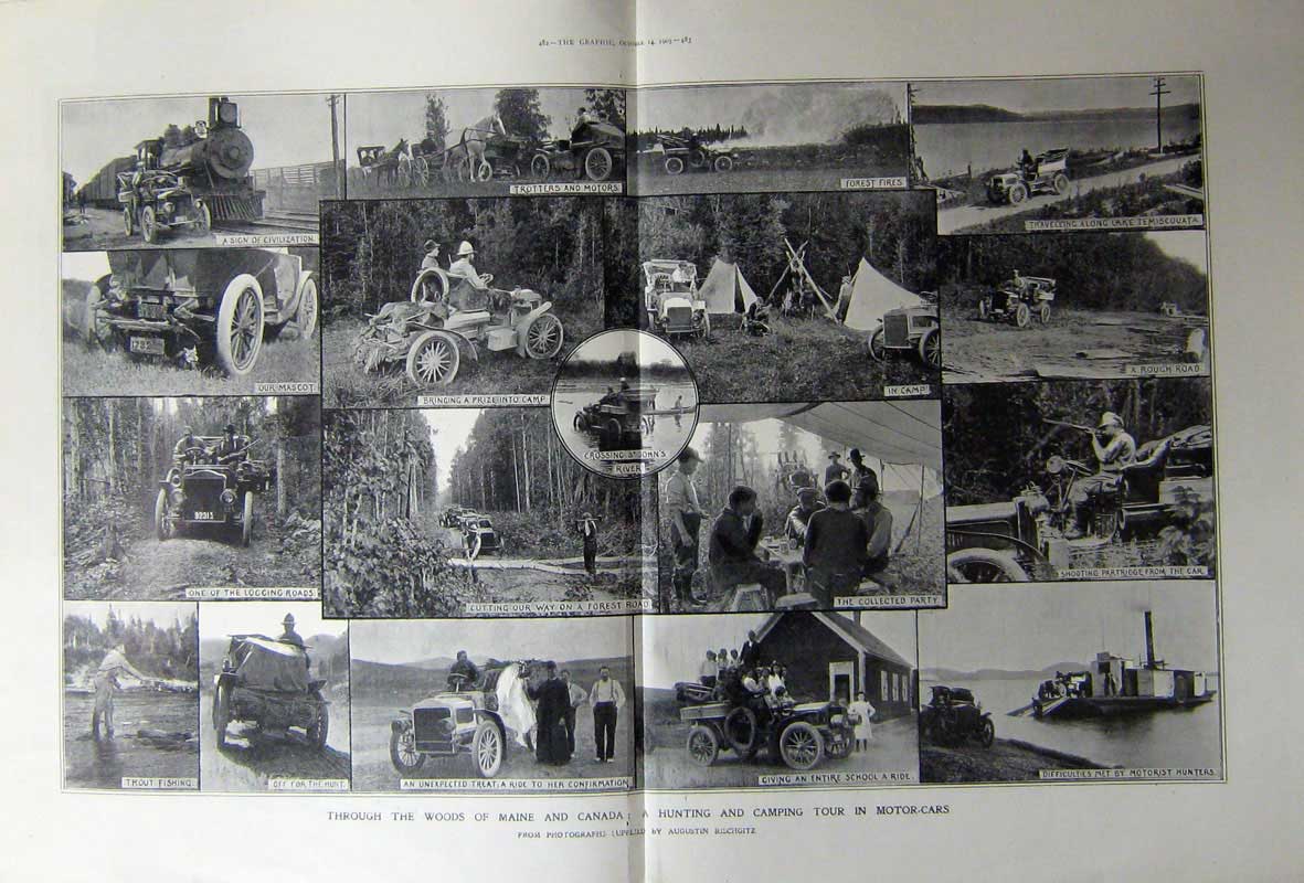 Old Antique Print 1905 Maine Canada Camping Motor Cars Transport Forest 20th
