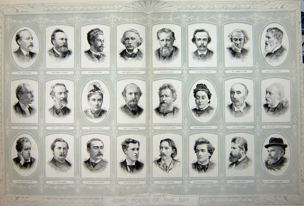 Old Antique Print 1893 Portraits Poets Sharp Swinburne Stevenson Watson 19th