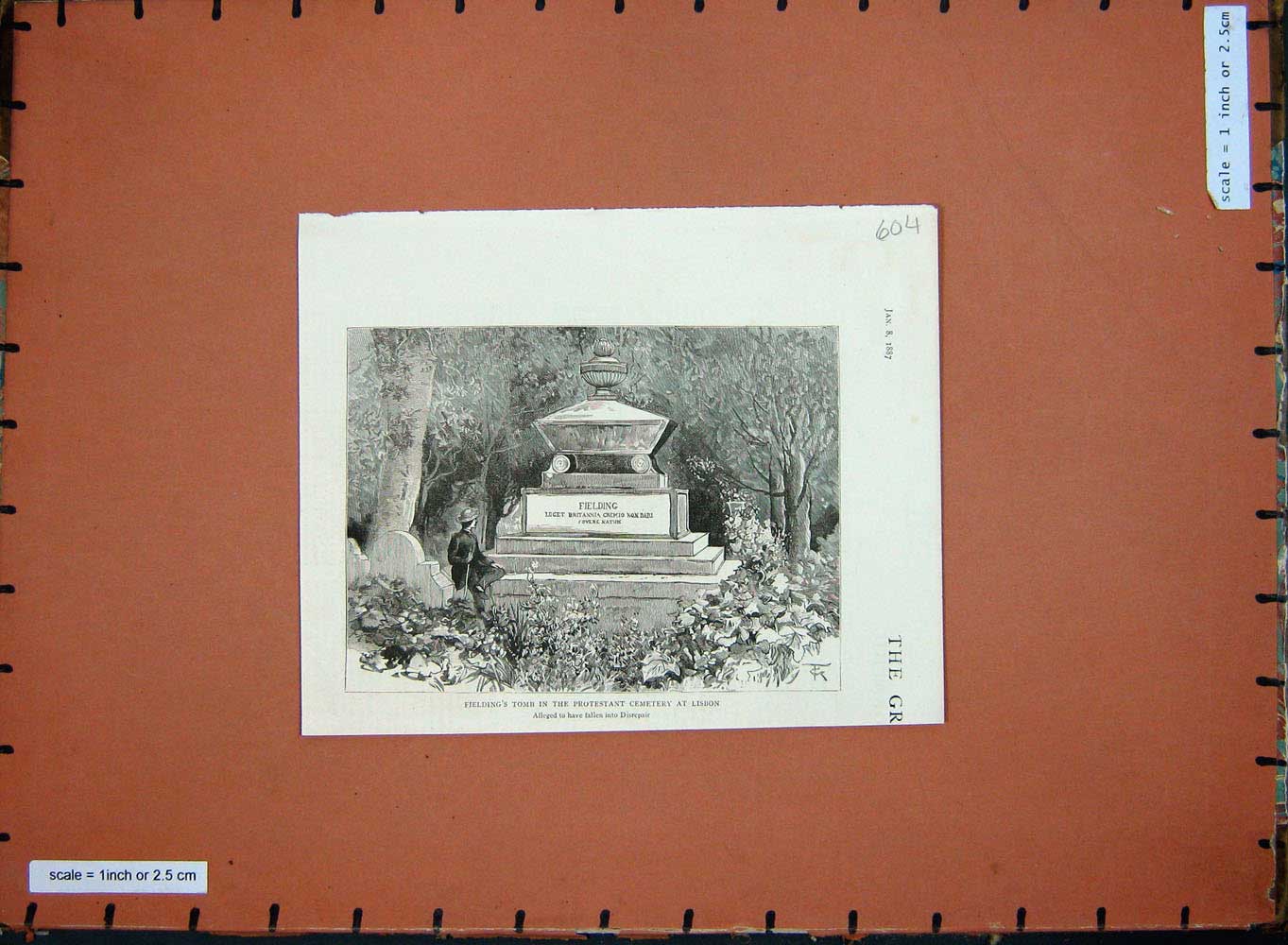 Original Old Antique Print 1887 Fielding'S Tomb Protestant Cemetery Lisbon 19th