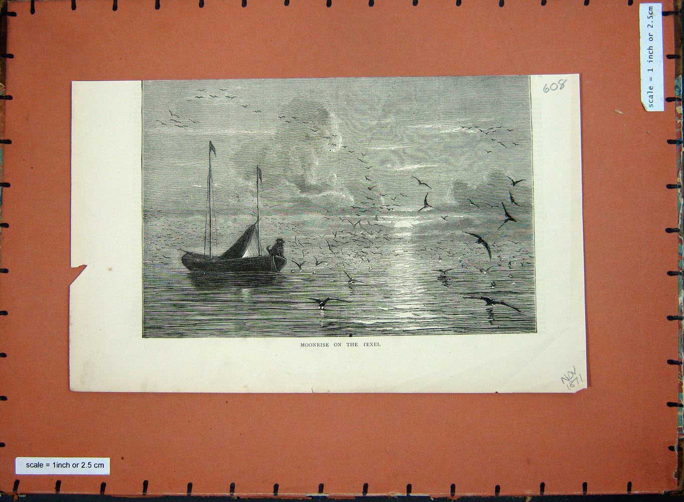 Original Old Antique Print Moorise Texel Boat Birds Clouds Fine Art 1871 19th