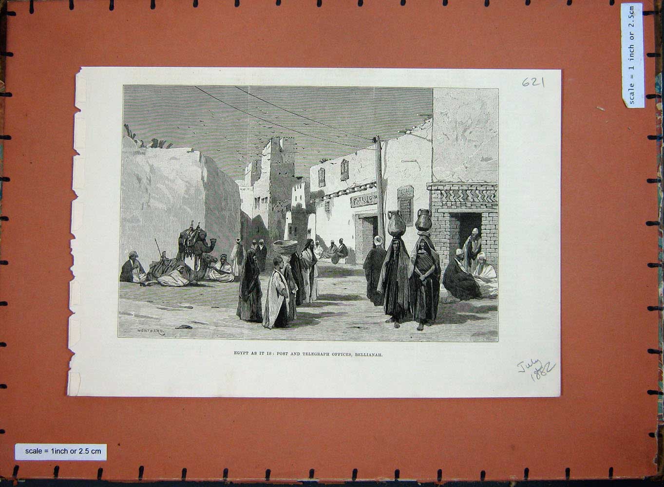 Old Antique Print Egypt Post Telegraph Officers Bellianah Montbard 1882 19th