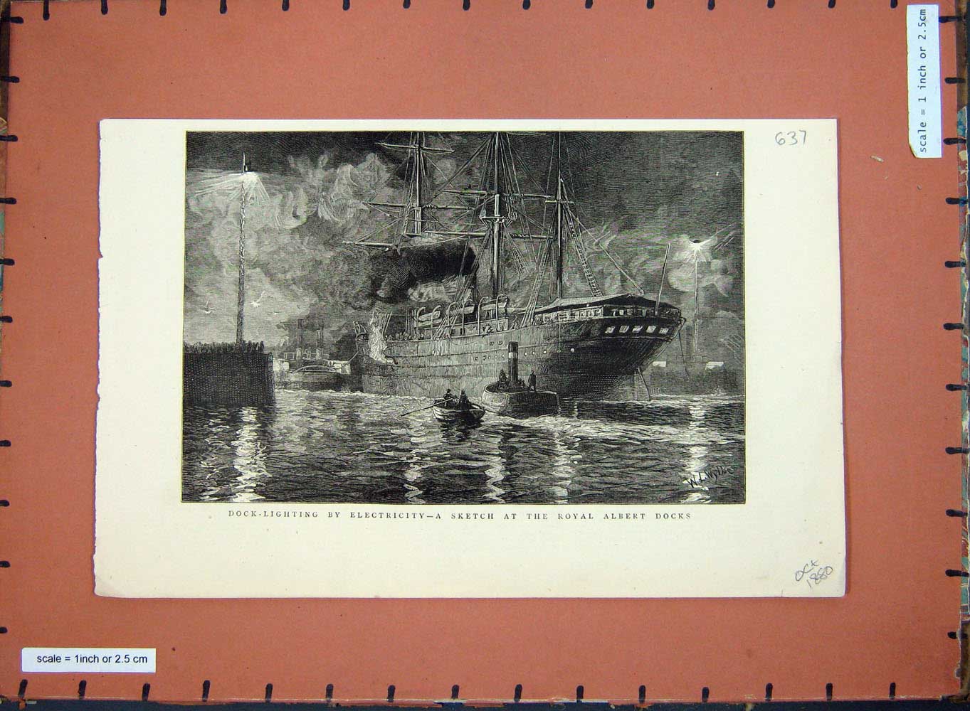Old Antique Print 1880 Dock Lighting Electricity Royal Albert Docks Ship 19th
