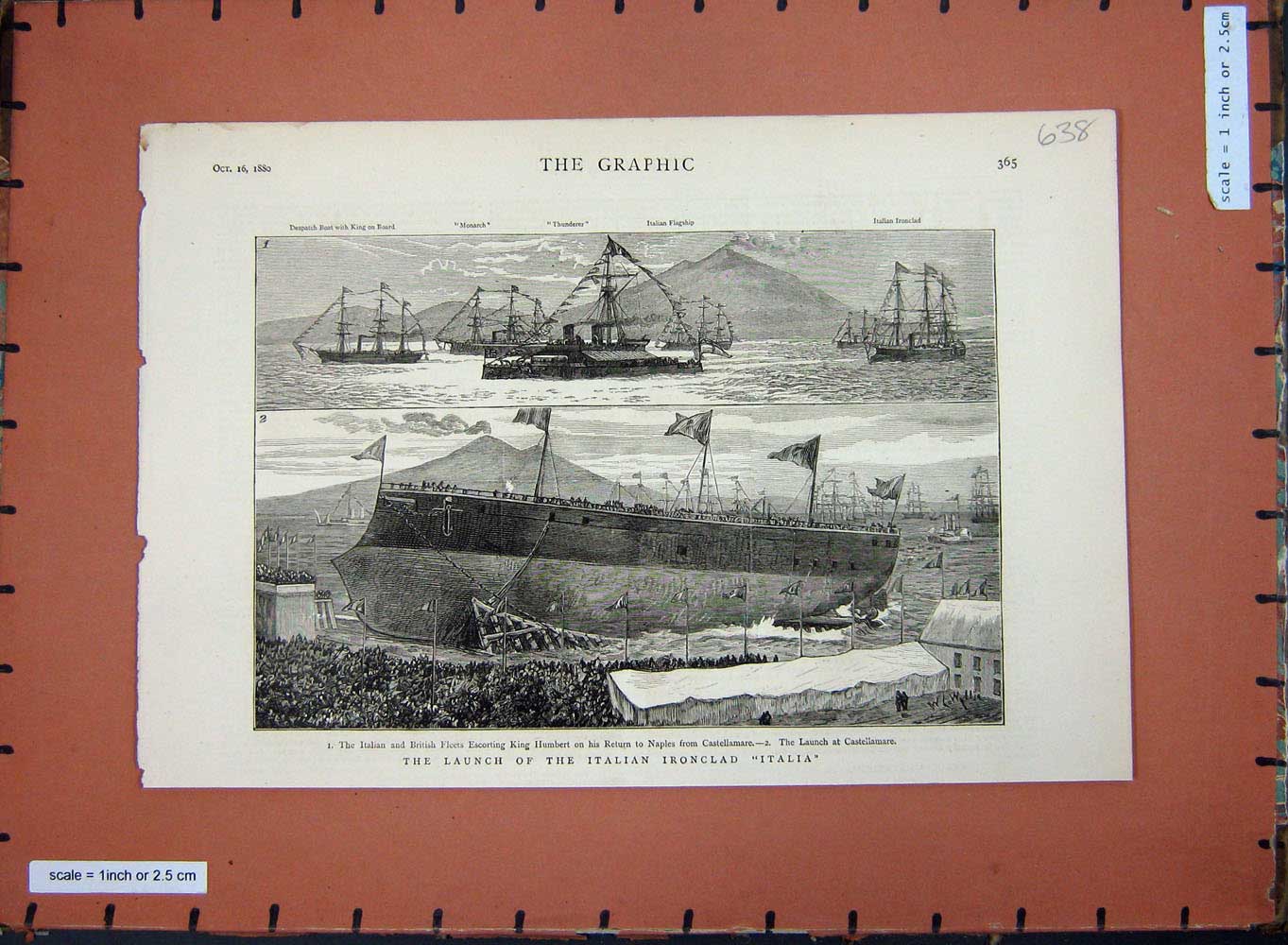 Old Antique Print 1880 Launch Italian Ironclad Ship Italia King Humbert 19th