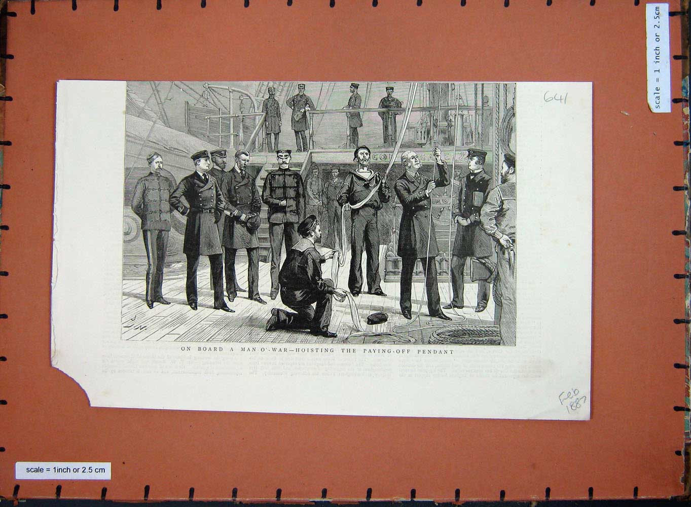 Original Old Antique Print Ship Man-O-War Hoisting Paying-Off Pendant Navy 1887