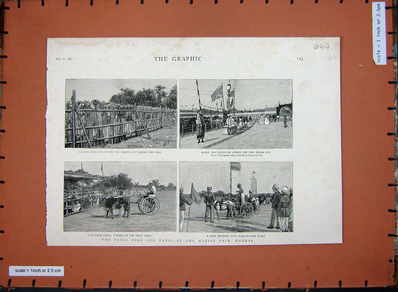Old Antique Print 1887 Fatal Fire Native Fair Madras Sport Bullock Reklas 19th