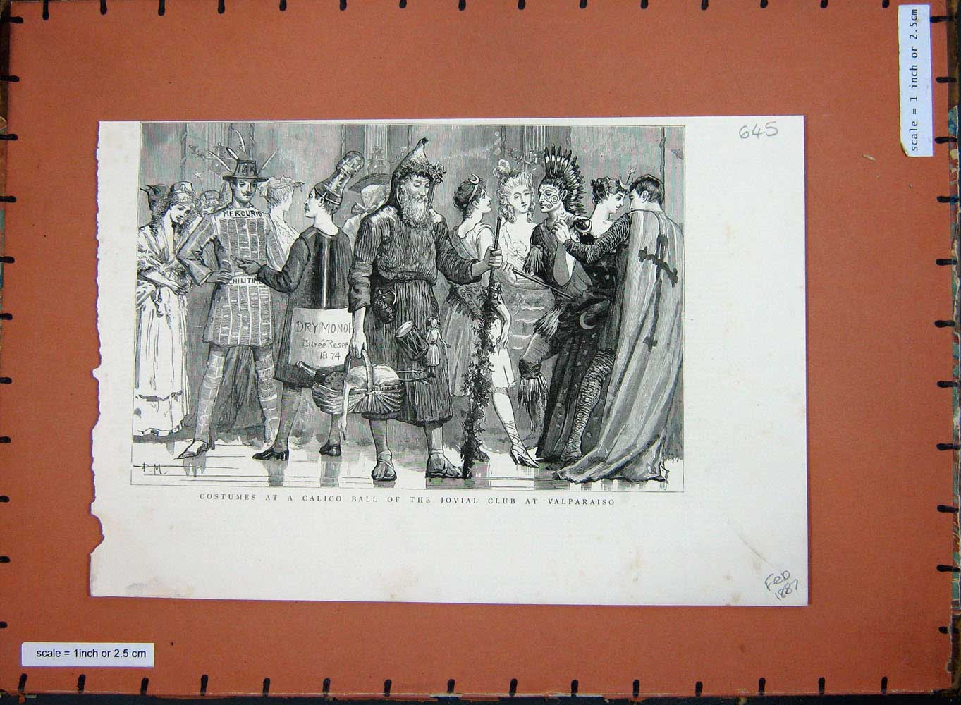 Old Antique Print 1887 Costumes Calico Ball Jovial Club Valparaiso Dance 19th