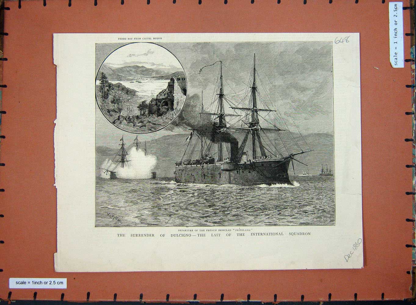 Old Antique Print 1880 Ships Dulcigno Surrender French Ironclad Friedland 19th